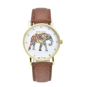 NEW IN BOX Austrian Crystal Elephant Watch with Brown Faux Leather Strap